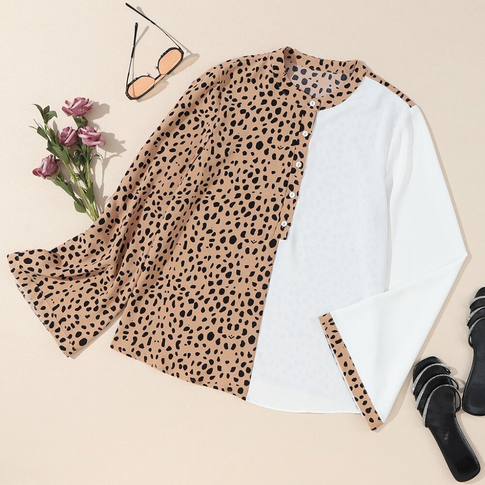 NWOT Two-Tone Animal Print Button Front Top - White and Tan - Picture 2 of 7
